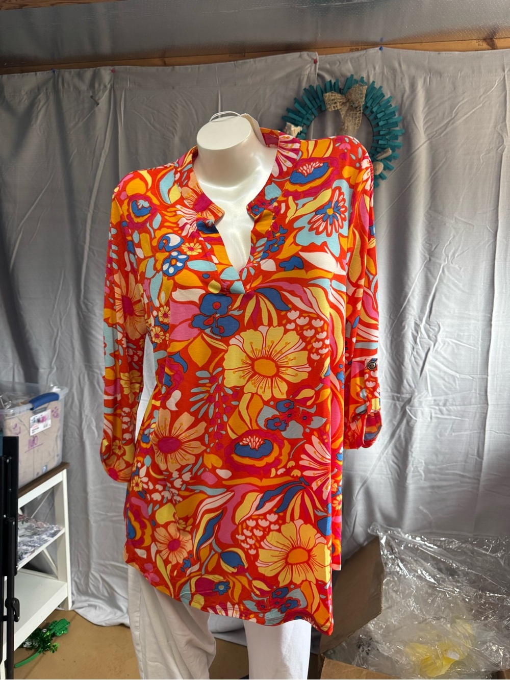Dear Scarlett Plus size Orange Floral Tunic with Pink, Yellow & Blue Accents